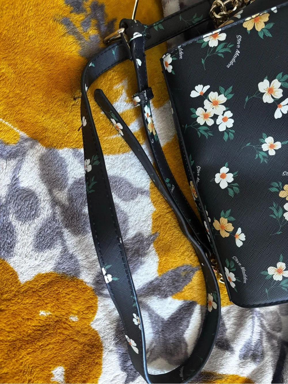 Steve Madden Black Floral Crossbody Bag with Gold Logo